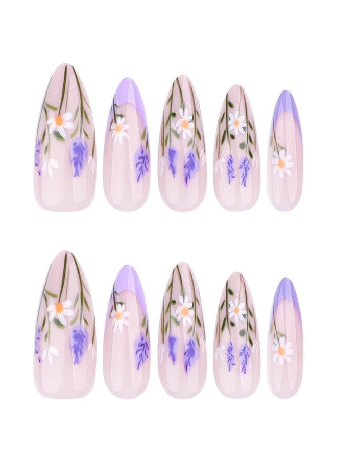 Foccna Press on Nails Acrylic Almond Medium Purple Fake Nails Flower Design Glossy False Nail Tips Artificial Nails Finger Manicure for Women and Girls 24pcs - Image 4